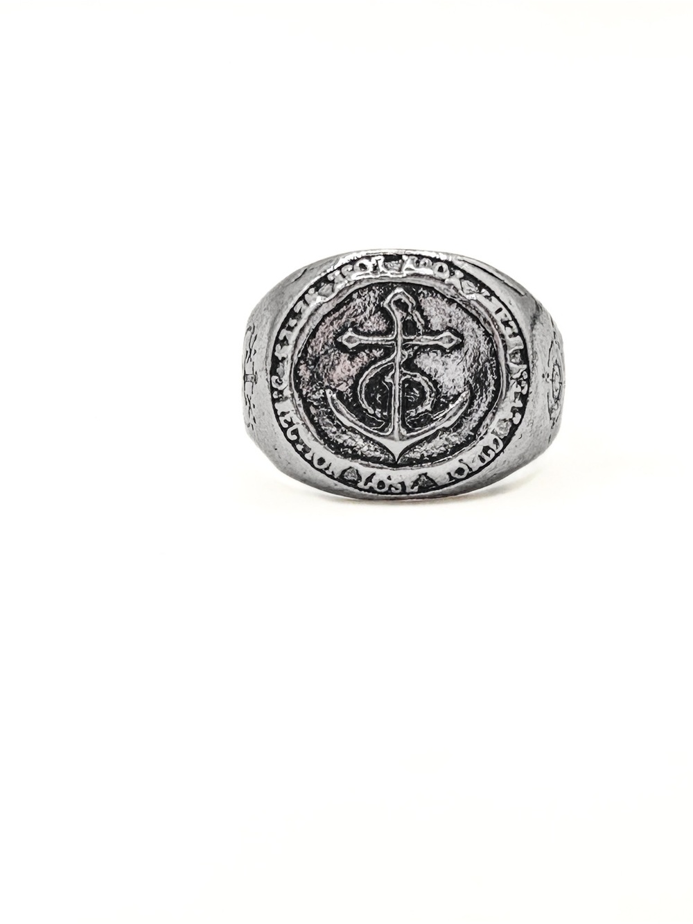 Gothic Signet Ring Anchor & Compass Rose Silver Tone Size 13.5